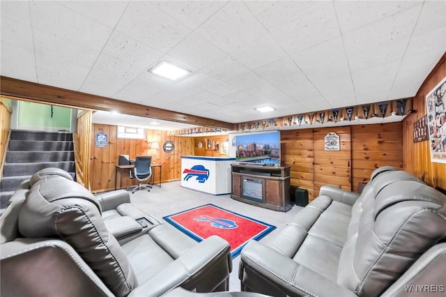 749 Colvin Blvd, Tonawanda-Town, NY 14217 - carpeted living area featuring wooden walls and stairway