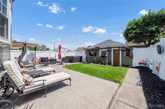 749 Colvin Blvd, Tonawanda-Town, NY 14217 - fenced backyard with a hot tub, a patio area, and an outdoor structure