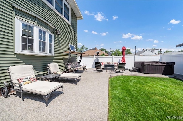 749 Colvin Blvd, Tonawanda-Town, NY 14217 - fenced backyard with a hot tub, a patio, and an outdoor living space