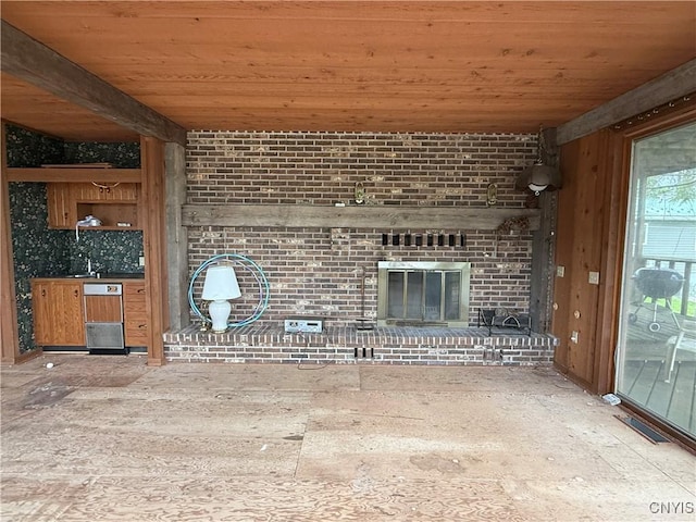 2600 Abend Pt, Marcellus, NY 13110 - unfurnished living room with wooden ceiling and a fireplace