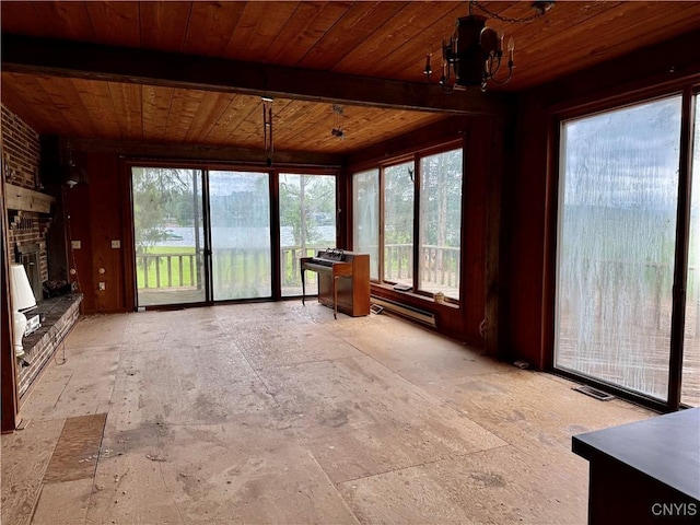 2600 Abend Pt, Marcellus, NY 13110 - unfurnished sunroom featuring wood ceiling and a chandelier