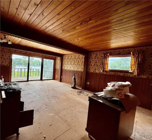 2600 Abend Pt, Marcellus, NY 13110 - living room featuring a wainscoted wall, wooden ceiling, and wallpapered walls