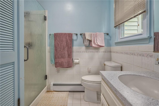 22 Bugbee Rd, Oneonta-City, NY 13820 - full bath with baseboard heating, tile patterned floors, a stall shower, vanity, and a wainscoted wall