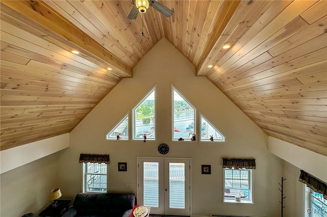 142 S Shore Rd, Webb, NY 13420 - additional living space featuring wood ceiling, a ceiling fan, high vaulted ceiling, french doors, and healthy amount of natural light