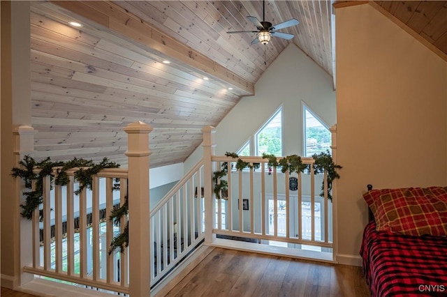142 S Shore Rd, Webb, NY 13420 - living area with ceiling fan, wooden ceiling, wood finished floors, an upstairs landing, and high vaulted ceiling