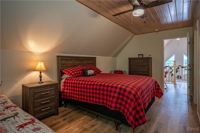 142 S Shore Rd, Webb, NY 13420 - bedroom with light wood-type flooring, lofted ceiling, ceiling fan, and wood ceiling