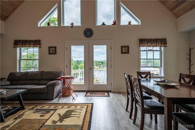 142 S Shore Rd, Webb, NY 13420 - living area featuring wood ceiling, french doors, healthy amount of natural light, light wood finished floors, and high vaulted ceiling