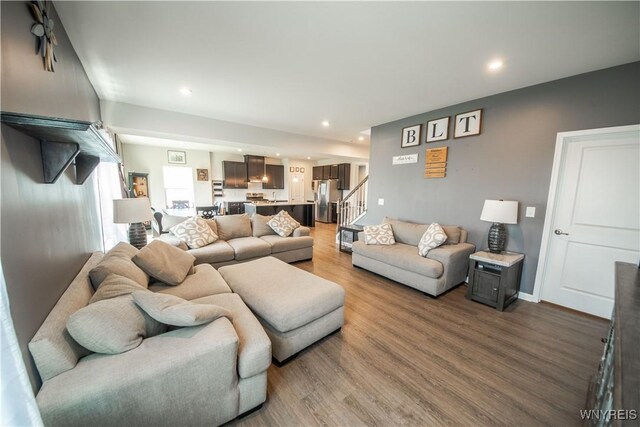 510 Limestone Ct, Grand Island, NY 14072 - living room featuring stairway, wood finished floors, and recessed lighting