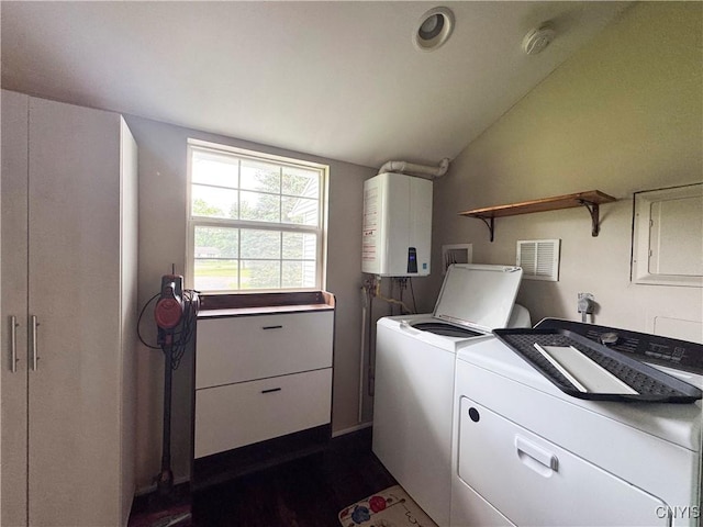 16 Tyler Ct, Manlius, NY 13104 - laundry room with washer and clothes dryer, tankless water heater, and dark wood-style flooring