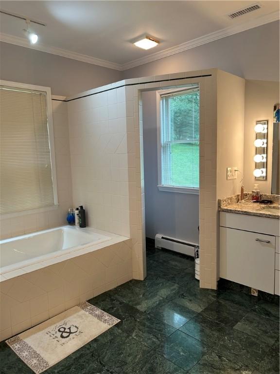 38 Hemlock Ln, Erwin, NY 14870 - bathroom featuring a baseboard radiator, a bath, vanity, and ornamental molding