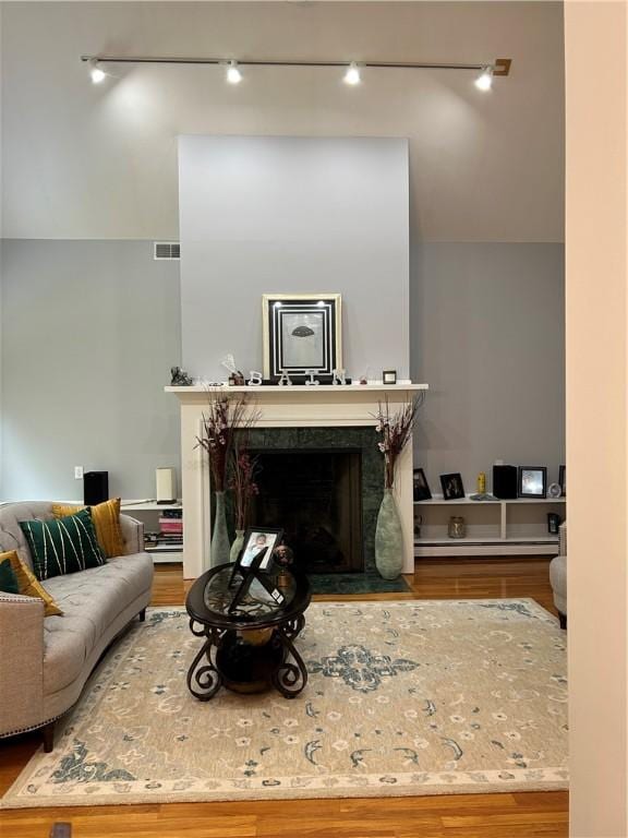 38 Hemlock Ln, Erwin, NY 14870 - living area with wood finished floors, a tile fireplace, and rail lighting