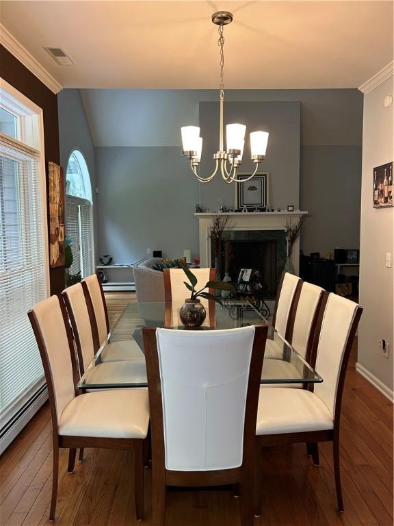 38 Hemlock Ln, Erwin, NY 14870 - dining room featuring a chandelier, wood finished floors, ornamental molding, lofted ceiling, and a baseboard heating unit