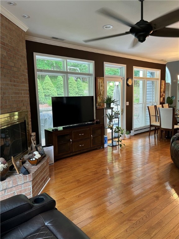 38 Hemlock Ln, Erwin, NY 14870 - living room with a ceiling fan, light wood-style flooring, ornamental molding, a brick fireplace, and a baseboard heating unit