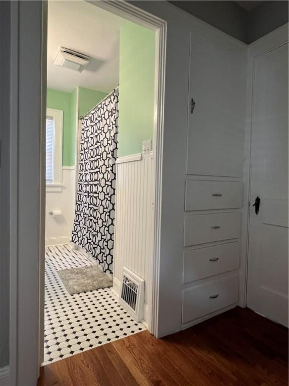 534 Mount Zoar St, Elmira-City, NY 14904 - bathroom featuring a wainscoted wall, wood finished floors, and a shower with curtain