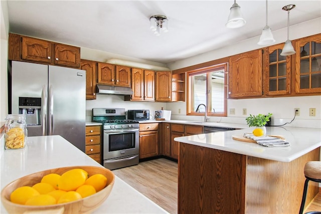 9 Jacob Dr, Erwin, NY 14870 - kitchen with stainless steel appliances, under cabinet range hood, a peninsula, brown cabinetry, and light wood-style flooring