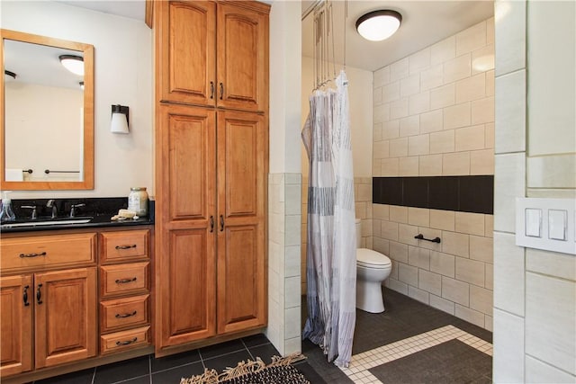 9 Jacob Dr, Erwin, NY 14870 - bathroom with tile patterned floors, tile walls, vanity, and curtained shower
