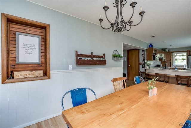 10256 State Route 26, Denmark, NY 13367 - dining room featuring a chandelier, wainscoting, and wood finished floors