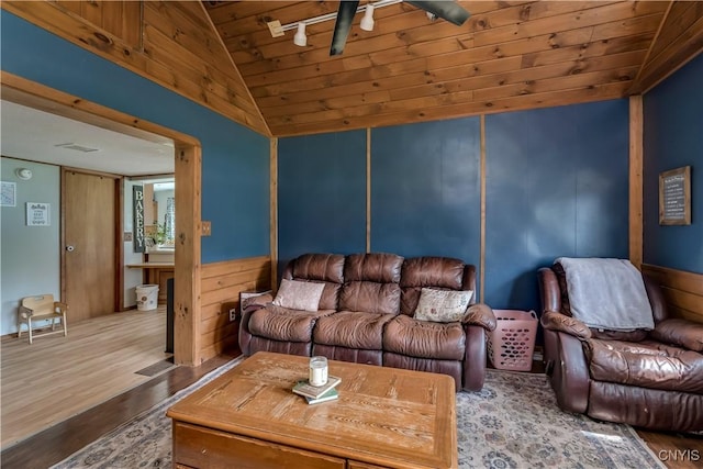 10256 State Route 26, Denmark, NY 13367 - living room featuring vaulted ceiling, wood finished floors, wooden ceiling, and track lighting