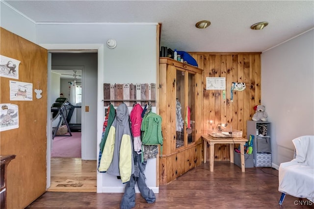 10256 State Route 26, Denmark, NY 13367 - entrance foyer with wood finished floors, crown molding, wood walls, and a textured ceiling