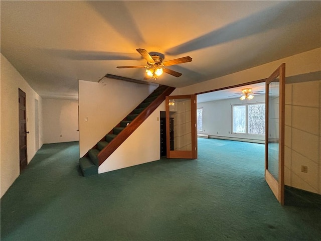 100 Brickwork Rd, Hamlin, PA 16735 - unfurnished living room with a ceiling fan, a baseboard heating unit, carpet floors, and stairs