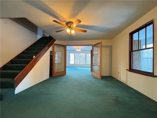 100 Brickwork Rd, Hamlin, PA 16735 - unfurnished living room featuring ceiling fan, carpet flooring, and stairway