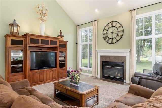 2371 Bullis Rd, Elma, NY 14059 - carpeted living room with a fireplace with flush hearth, recessed lighting, and high vaulted ceiling