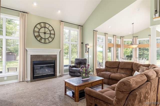2371 Bullis Rd, Elma, NY 14059 - carpeted living room featuring vaulted ceiling, a fireplace with flush hearth, and recessed lighting