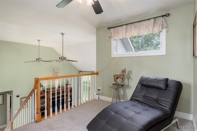 2371 Bullis Rd, Elma, NY 14059 - living area featuring ceiling fan, healthy amount of natural light, an upstairs landing, carpet, and lofted ceiling