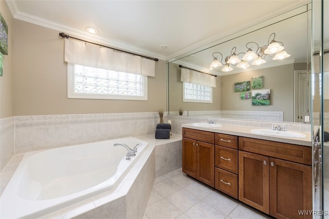 2371 Bullis Rd, Elma, NY 14059 - full bathroom featuring ornamental molding, double vanity, a garden tub, and tile patterned floors