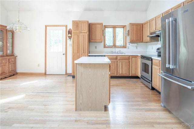 29591 Coon Bridge Rd, Theresa, NY 13691 - kitchen featuring stainless steel appliances, under cabinet range hood, a center island, light countertops, and light wood-type flooring