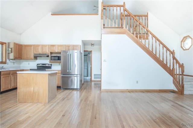 29591 Coon Bridge Rd, Theresa, NY 13691 - kitchen featuring high vaulted ceiling, appliances with stainless steel finishes, under cabinet range hood, light countertops, and light wood-type flooring