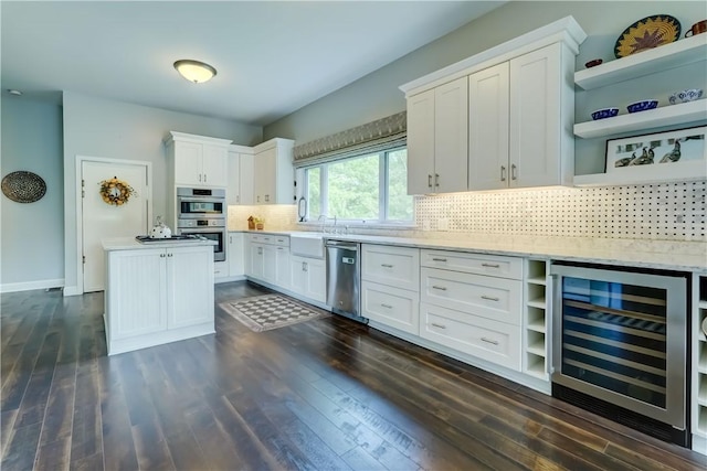 1544 Paddy Ln, Macedon, NY 14502 - kitchen with wine cooler, open shelves, stainless steel appliances, white cabinetry, and backsplash