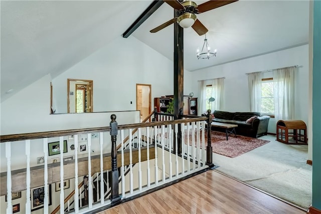 1544 Paddy Ln, Macedon, NY 14502 - hall with an upstairs landing, a chandelier, and wood finished floors