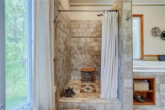 1544 Paddy Ln, Macedon, NY 14502 - bathroom featuring ornamental molding, tiled shower, healthy amount of natural light, and a tub