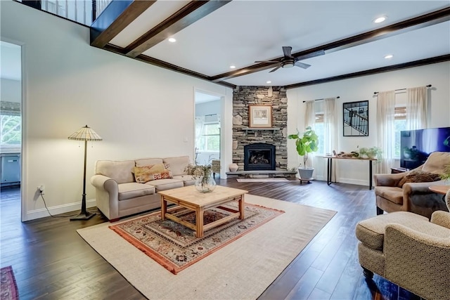 1544 Paddy Ln, Macedon, NY 14502 - living area featuring healthy amount of natural light, a ceiling fan, wood-type flooring, ornamental molding, and recessed lighting