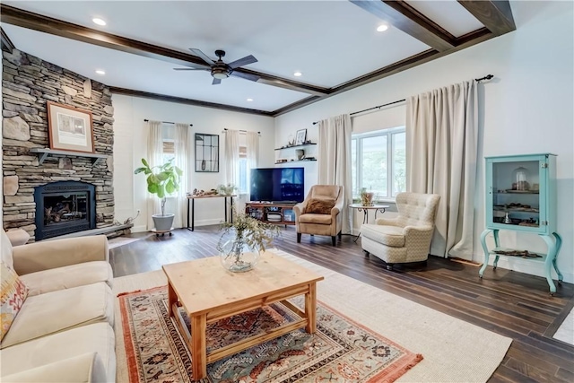 1544 Paddy Ln, Macedon, NY 14502 - living room with a ceiling fan, wood finished floors, crown molding, recessed lighting, and a fireplace