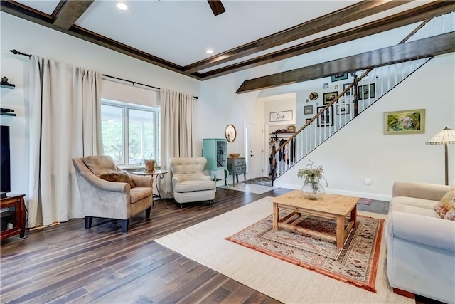 1544 Paddy Ln, Macedon, NY 14502 - living area featuring dark wood-type flooring, stairway, beam ceiling, ceiling fan, and recessed lighting