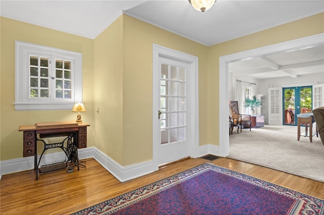 960 Landing Rd N, Brighton, NY 14625 - foyer entrance featuring ornamental molding, wood finished floors, french doors, and beam ceiling
