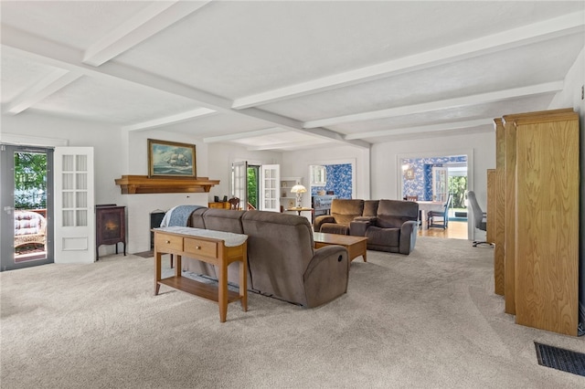 960 Landing Rd N, Brighton, NY 14625 - living area featuring light colored carpet, healthy amount of natural light, and beamed ceiling