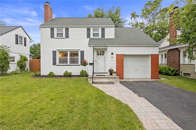 144 Montclair Dr, Irondequoit, NY 14617 - traditional-style home featuring a garage, a chimney, driveway, roof with shingles, and brick siding