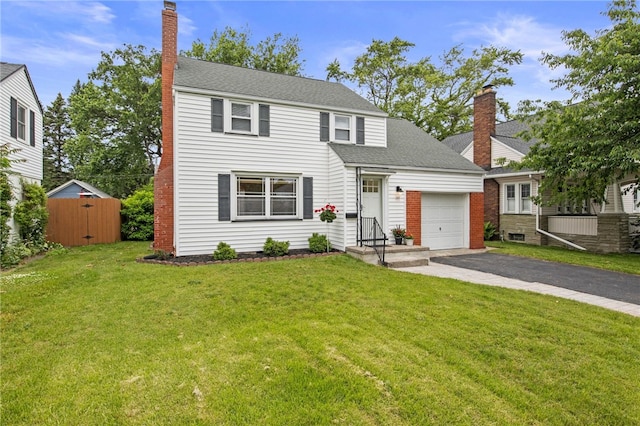 144 Montclair Dr, Irondequoit, NY 14617 - traditional home featuring a chimney, a garage, driveway, and a shingled roof