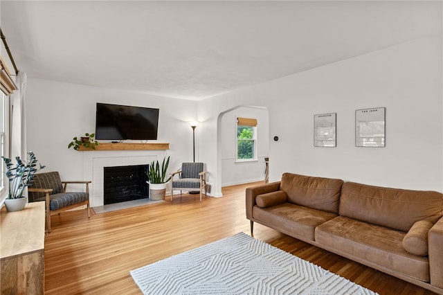 144 Montclair Dr, Irondequoit, NY 14617 - living room with arched walkways, light wood-type flooring, and a fireplace with flush hearth