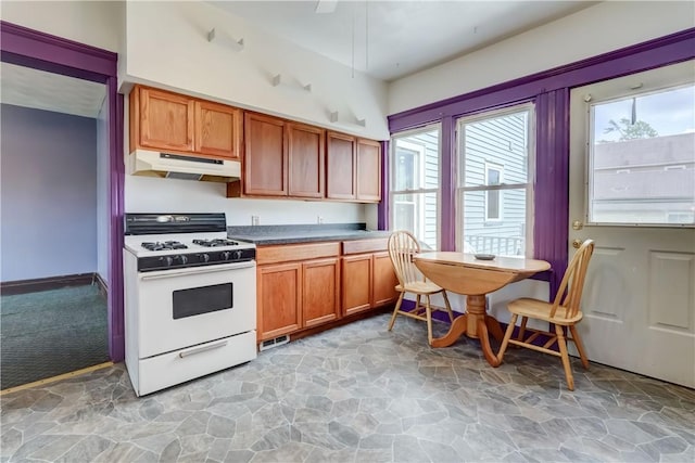 4618 Oak Orchard Rd, Barre, NY 14411 - kitchen with white range with gas stovetop, under cabinet range hood, stone flooring, and brown cabinets