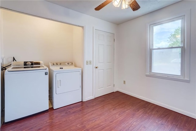 4618 Oak Orchard Rd, Barre, NY 14411 - washroom featuring washing machine and dryer, dark wood finished floors, and ceiling fan