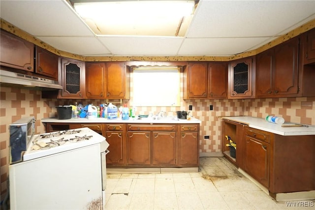 443 Madison St, Buffalo, NY 14212 - kitchen with white range with gas cooktop, under cabinet range hood, light flooring, glass insert cabinets, and light countertops