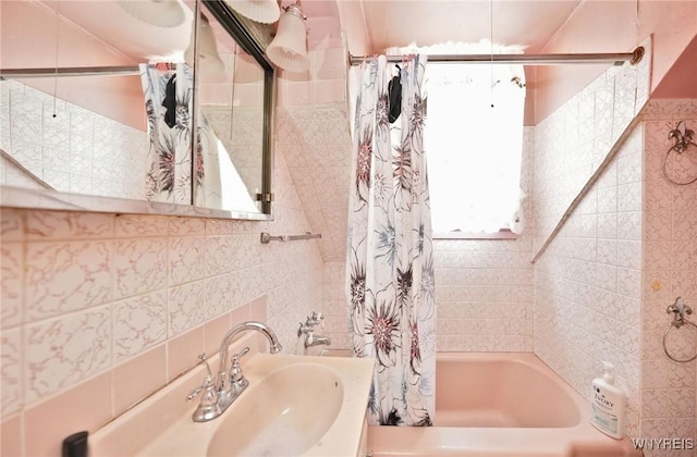 443 Madison St, Buffalo, NY 14212 - full bath with shower / bathtub combination with curtain and tile walls