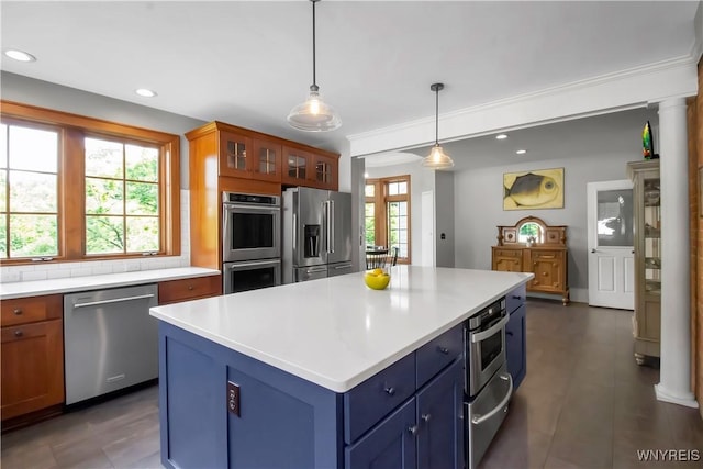 2565 Bowen Rd, Elma, NY 14059 - kitchen with appliances with stainless steel finishes, light countertops, a warming drawer, glass insert cabinets, and recessed lighting
