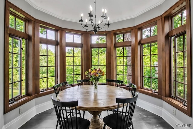 2565 Bowen Rd, Elma, NY 14059 - sunroom / solarium with french doors, a chandelier, ornamental molding, and tile patterned flooring
