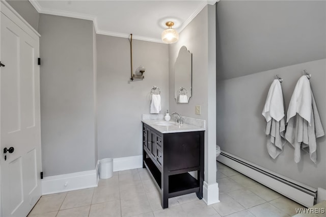 2565 Bowen Rd, Elma, NY 14059 - bathroom featuring a baseboard radiator, vanity, ornamental molding, and tile patterned flooring
