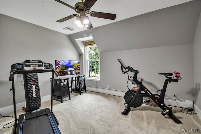 2565 Bowen Rd, Elma, NY 14059 - workout room with ceiling fan, carpet, vaulted ceiling, and a baseboard radiator